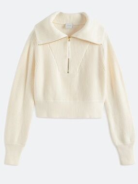 Varley Mentone Knit Sweater in Off-White l Ribbed Half-Zip Turtleneck Sweater